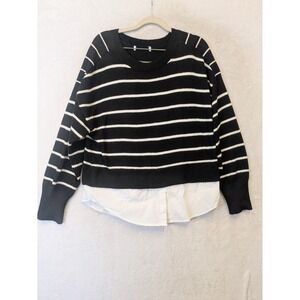 Womens Black White Striped Layered Hem Crewneck Sweater Size M
